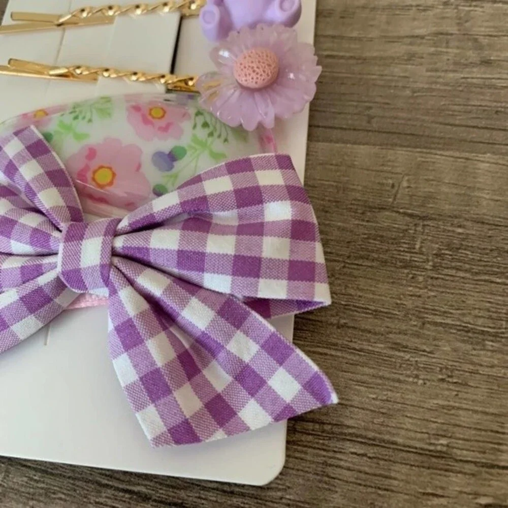 Hair clips Purple Hair accessories fashion bear flower ribbon hair pin 4PC set